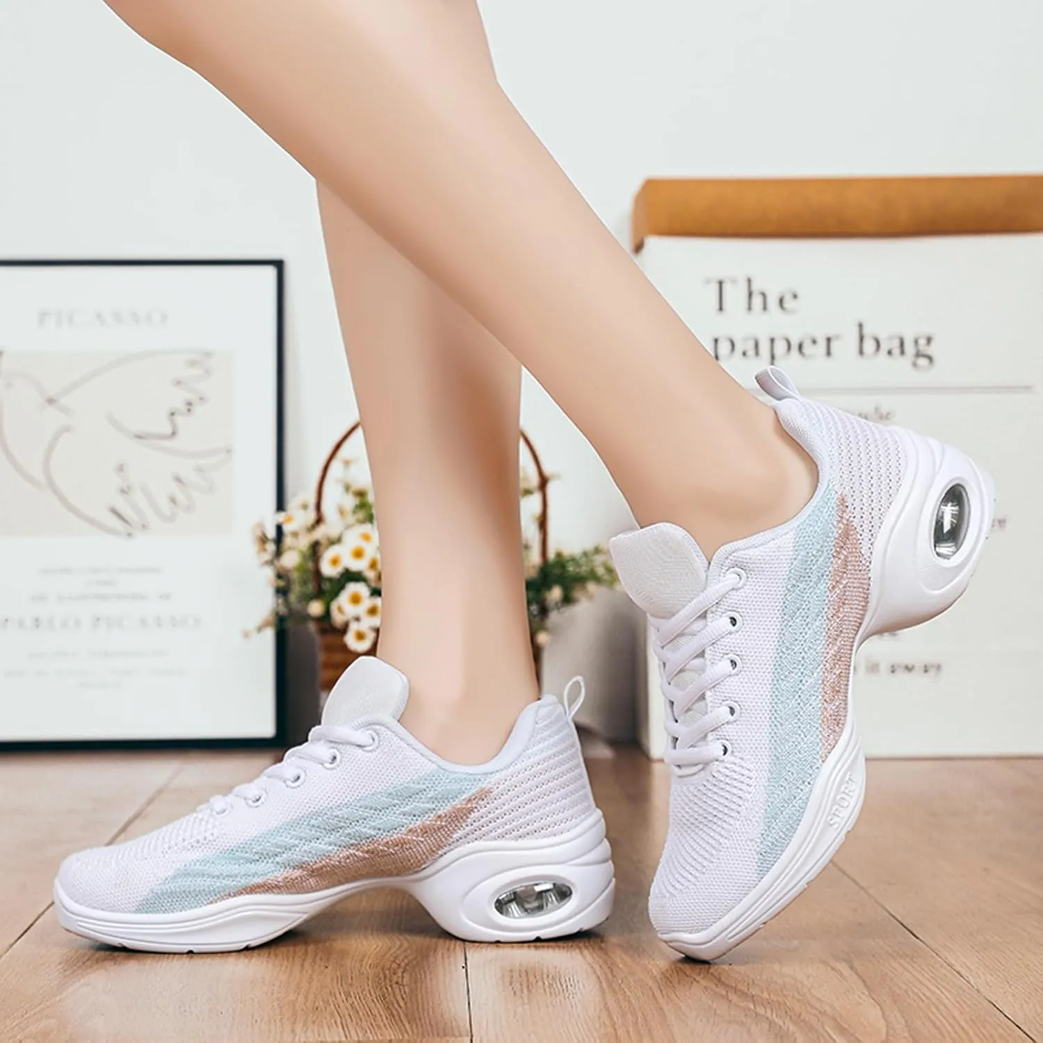 Dance Shoes for Women Jazz Shoes Split Sole Dance Sneakers Lace-up Air Cushion Jazz Sneakers Breathable Modern Dance Shoes Platform Walking Dance Shoe