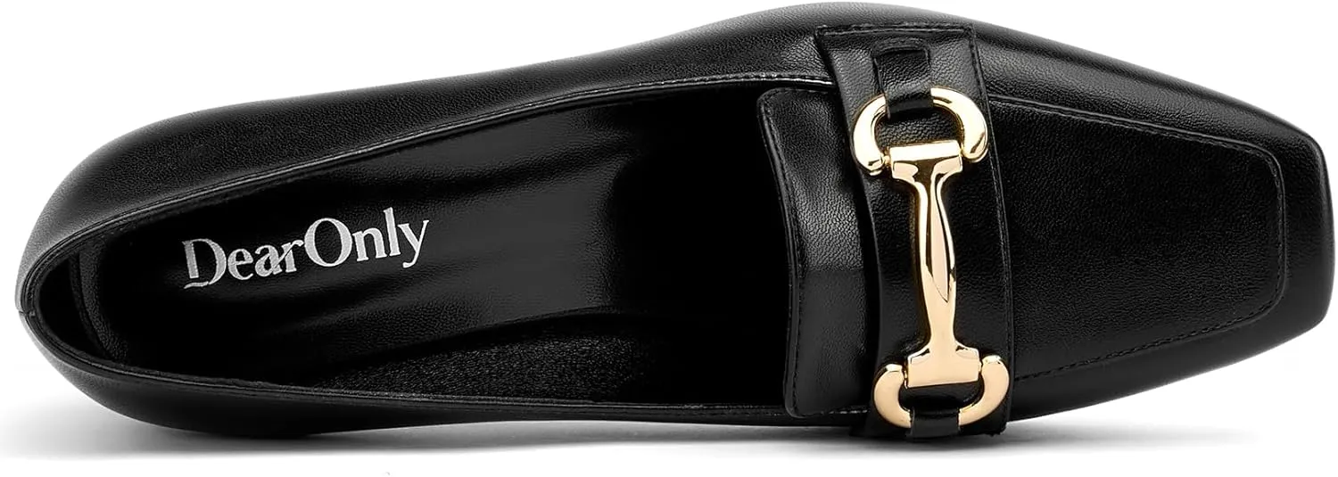 DearOnly Heeled Loafers for Women Square Toe Chunky Block Mid Heel Pumps Slip-on Metal Chain Work Office Dress Shoes 2.8 Inches Heels