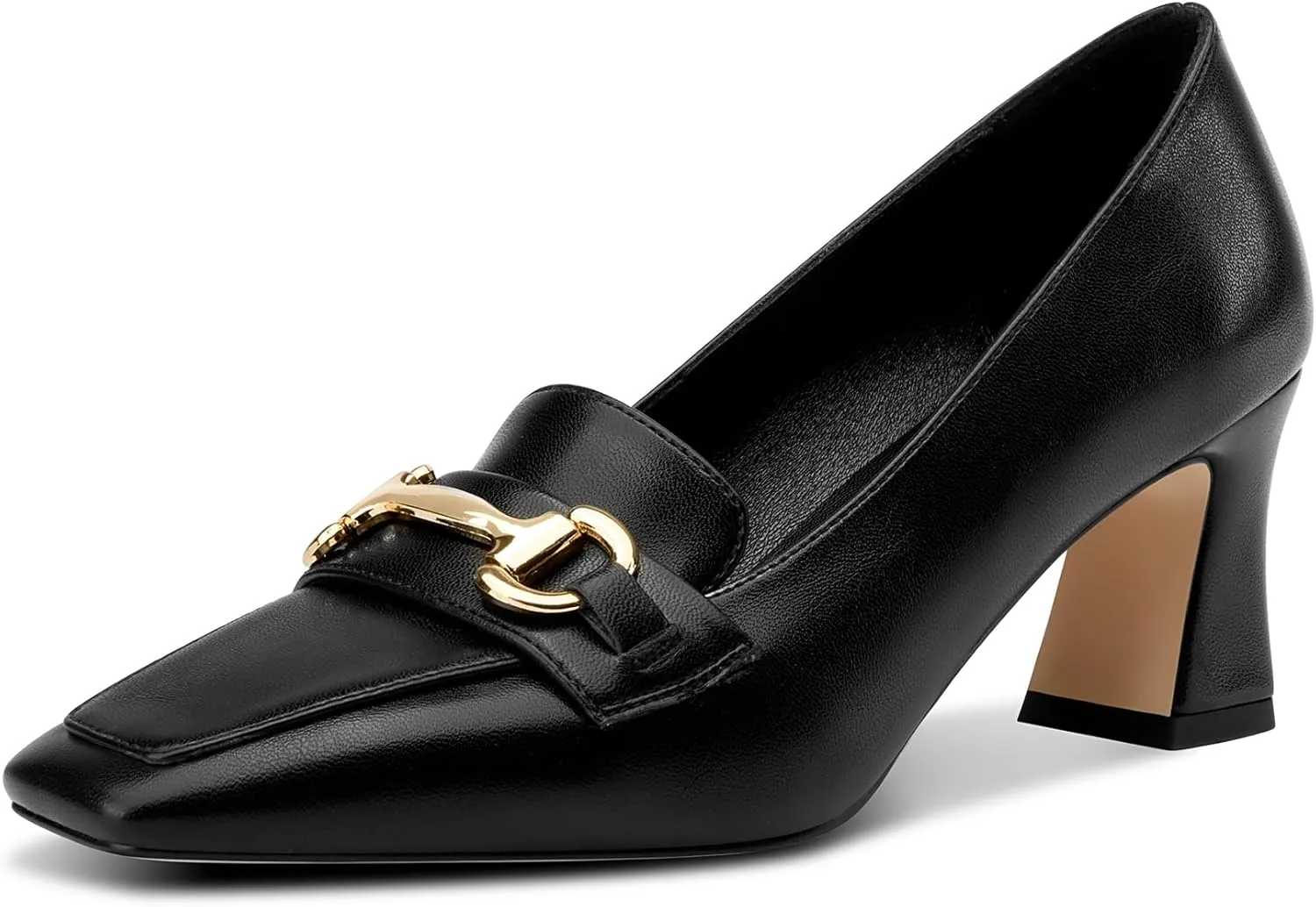 DearOnly Heeled Loafers for Women Square Toe Chunky Block Mid Heel Pumps Slip-on Metal Chain Work Office Dress Shoes 2.8 Inches Heels