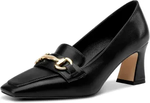 DearOnly Heeled Loafers for Women Square Toe Chunky Block Mid Heel Pumps Slip-on Metal Chain Work Office Dress Shoes 2.8 Inches Heels