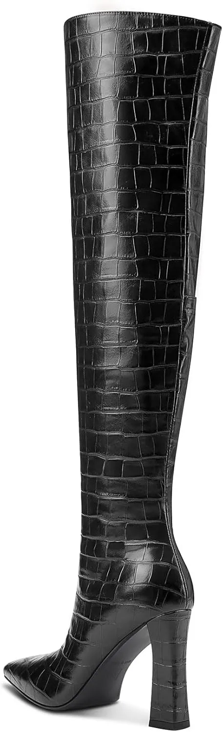 DearOnly Womens Pointed Toe Thigh High Boots Chunky Block Heel Over The Knee High Boots Zipper Sexy Fashion High Heel Long Boots 3.9 Inches Heels
