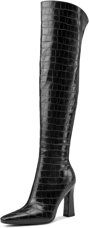 DearOnly Womens Pointed Toe Thigh High Boots Chunky Block Heel Over The Knee High Boots Zipper Sexy Fashion High Heel Long Boots 3.9 Inches Heels