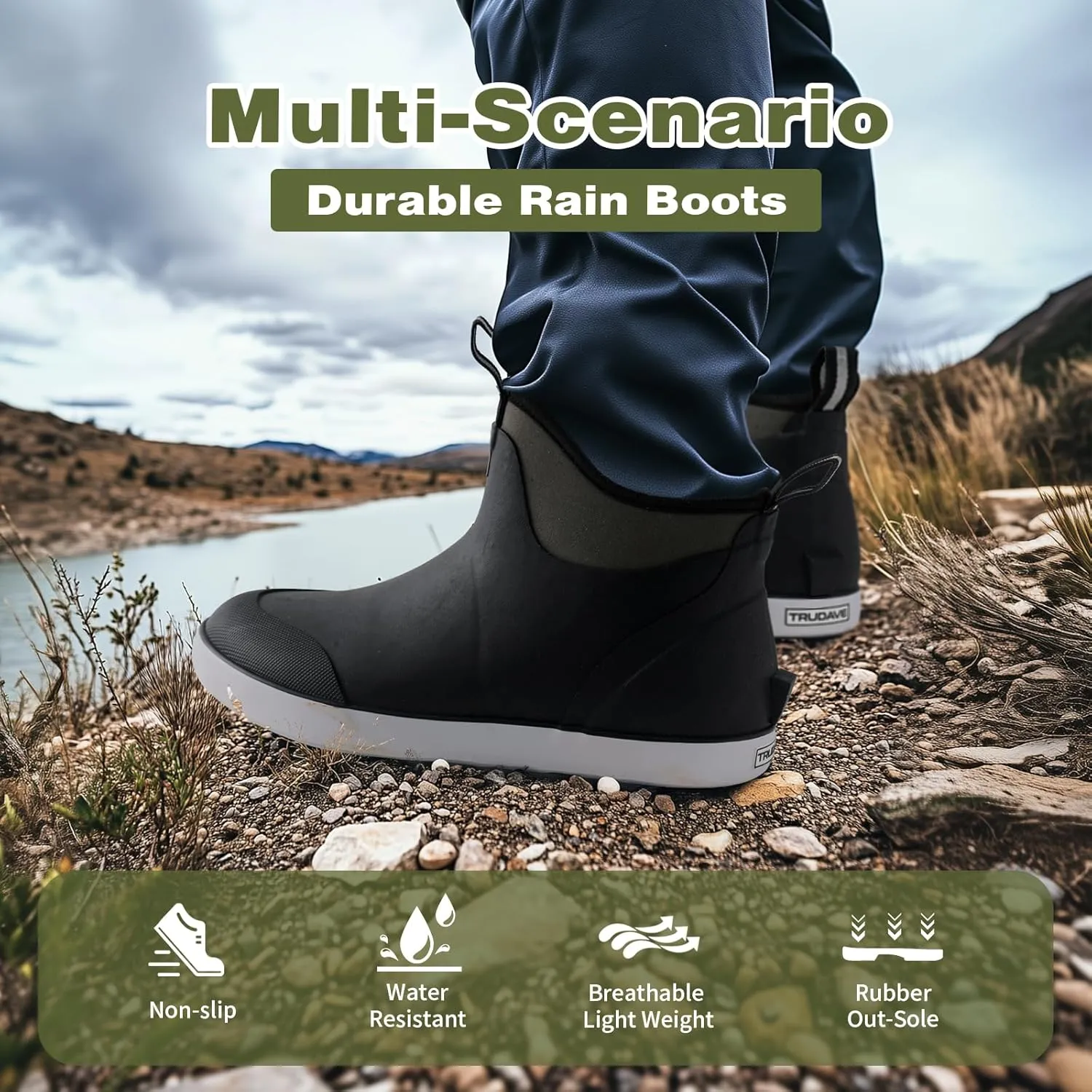 Deck Boots for Men, Waterproof Insulated Mens Rain Boots, Anti-Slip Ankle Fishing Boots, Rubber Boots with High Traction for Outdoor, Size 6-13