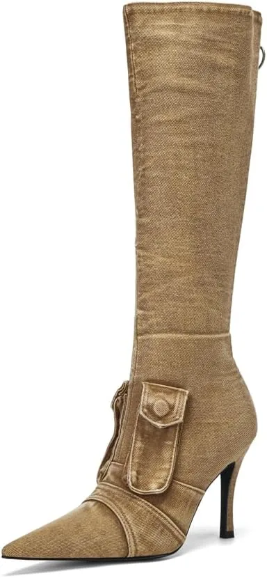 Denim Knee High Boots for Women Pointed Toe Stilettos High Heel Boots Vintage Washed Jeans Back Zipper Casual Fashion Shoes