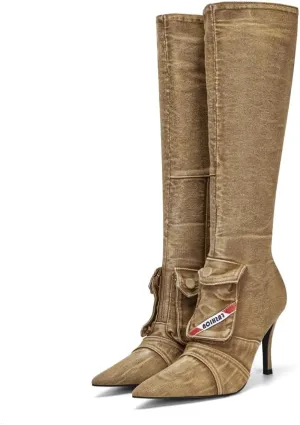 Denim Knee High Boots for Women Pointed Toe Stilettos High Heel Boots Vintage Washed Jeans Back Zipper Casual Fashion Shoes