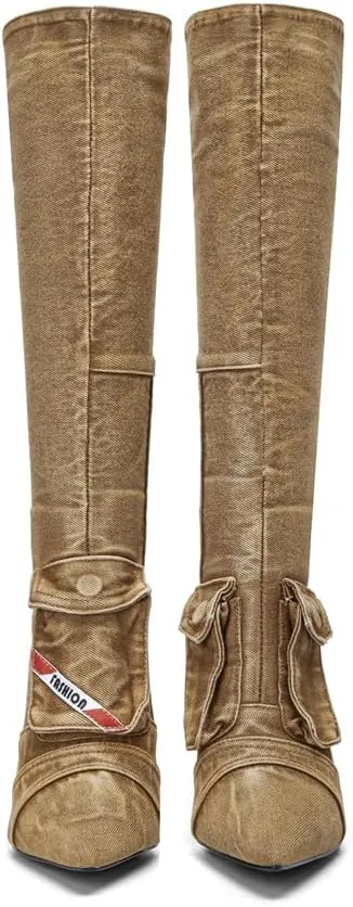 Denim Knee High Boots for Women Pointed Toe Stilettos High Heel Boots Vintage Washed Jeans Back Zipper Casual Fashion Shoes