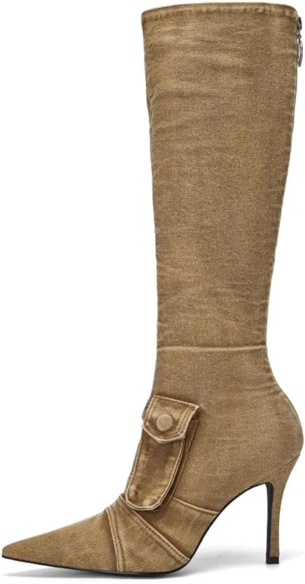 Denim Knee High Boots for Women Pointed Toe Stilettos High Heel Boots Vintage Washed Jeans Back Zipper Casual Fashion Shoes