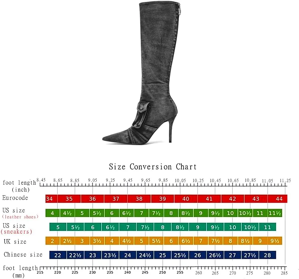 Denim Knee High Boots for Women Pointed Toe Stilettos High Heel Boots Vintage Washed Jeans Back Zipper Casual Fashion Shoes