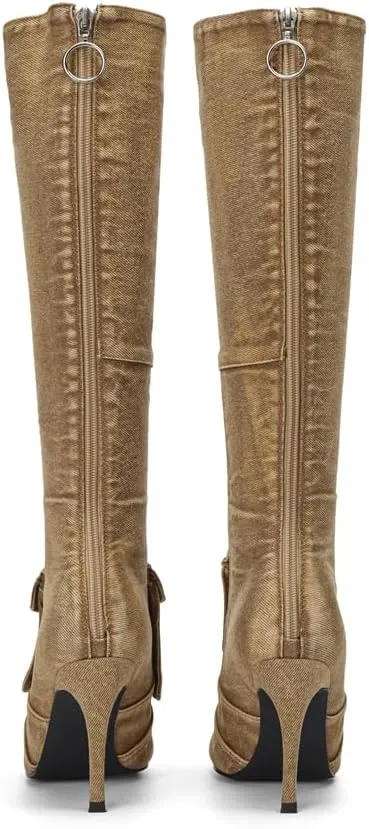 Denim Knee High Boots for Women Pointed Toe Stilettos High Heel Boots Vintage Washed Jeans Back Zipper Casual Fashion Shoes