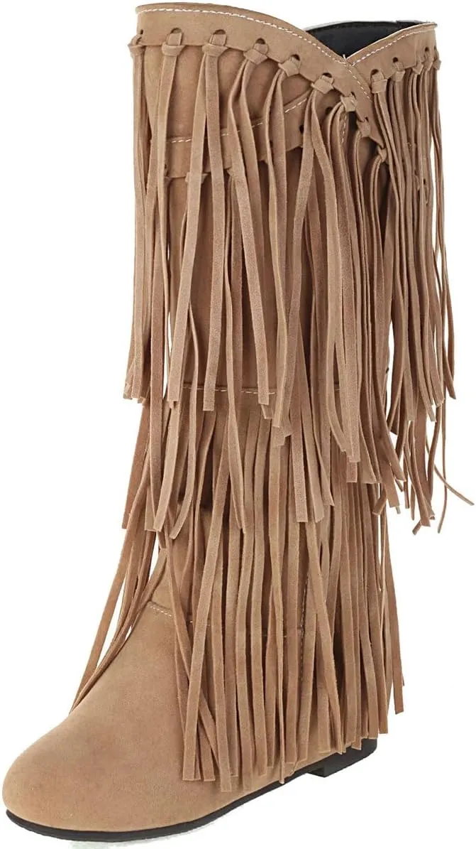 DINTAHA Fringe Suede Boots Flat Knee High Boots With Tassel Long Tall Pull On Boots