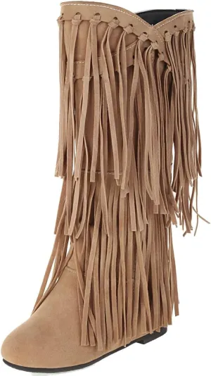 DINTAHA Fringe Suede Boots Flat Knee High Boots With Tassel Long Tall Pull On Boots