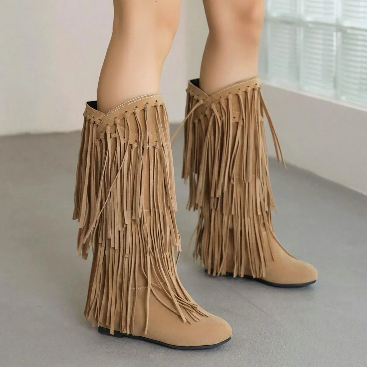 DINTAHA Fringe Suede Boots Flat Knee High Boots With Tassel Long Tall Pull On Boots