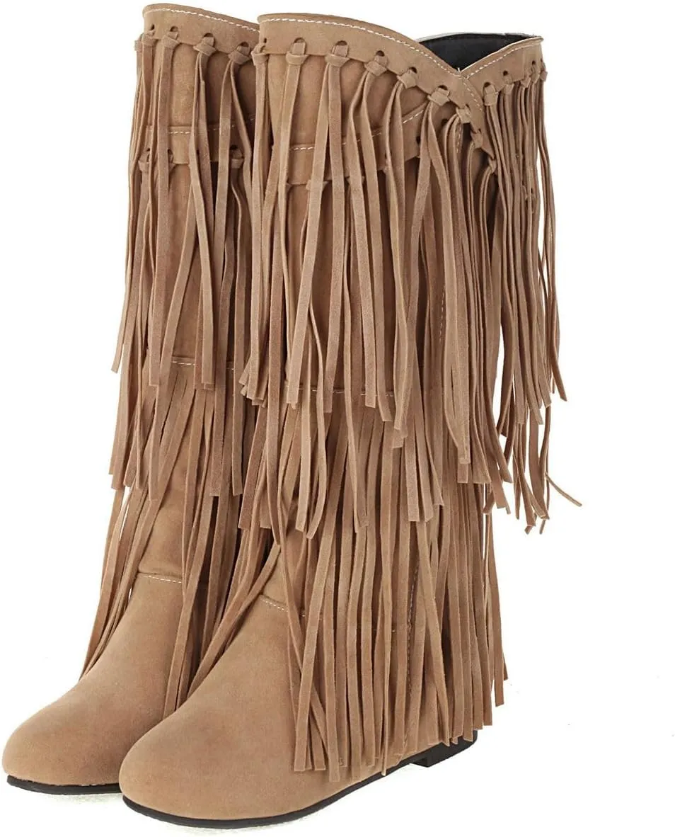 DINTAHA Fringe Suede Boots Flat Knee High Boots With Tassel Long Tall Pull On Boots