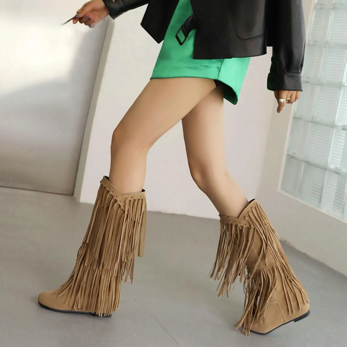 DINTAHA Fringe Suede Boots Flat Knee High Boots With Tassel Long Tall Pull On Boots