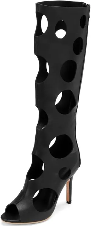 DINTAHA Peep Toe Knee High Heel Sandals Cage Sandal Heels Open Toe Knee High Stiletto Boots