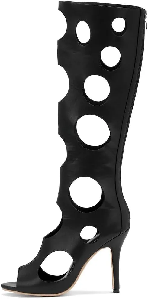 DINTAHA Peep Toe Knee High Heel Sandals Cage Sandal Heels Open Toe Knee High Stiletto Boots
