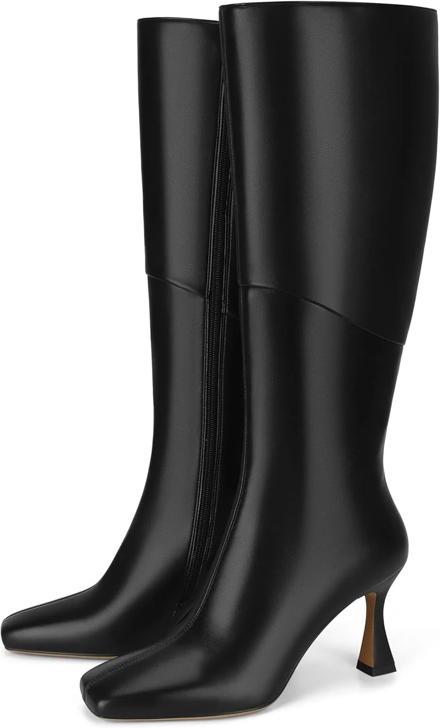 DOEYG Black Leather Knee High Boots for Women Kitten Heel Tall Boots Square Toe Stiletto Heels Heeled Boots Dressy Fashion Long Boots with Side Zipper