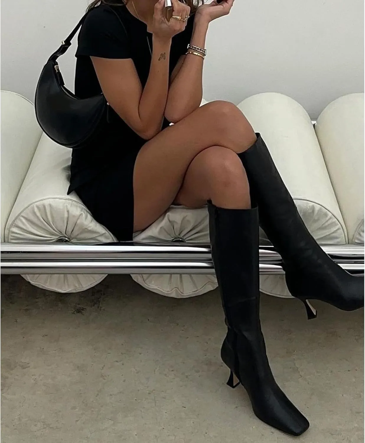 DOEYG Black Leather Knee High Boots for Women Kitten Heel Tall Boots Square Toe Stiletto Heels Heeled Boots Dressy Fashion Long Boots with Side Zipper