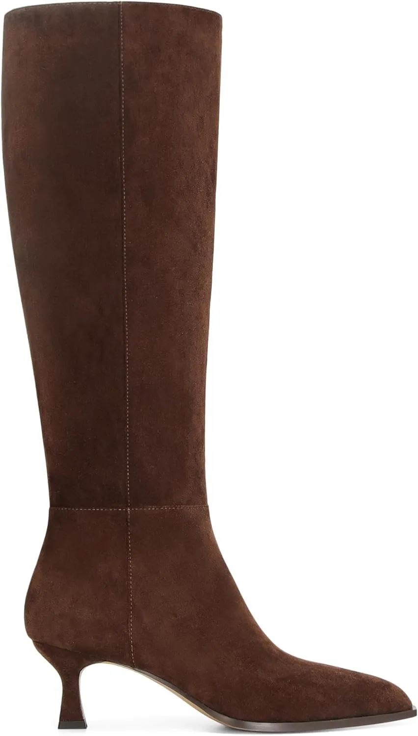 DOEYG Women Suede Knee High Boots Wide Calf Kitten Heel Boots Pointed Toe Stiletto High Heel Tall Boots Fashion Fall Long Boots with Side Zipper