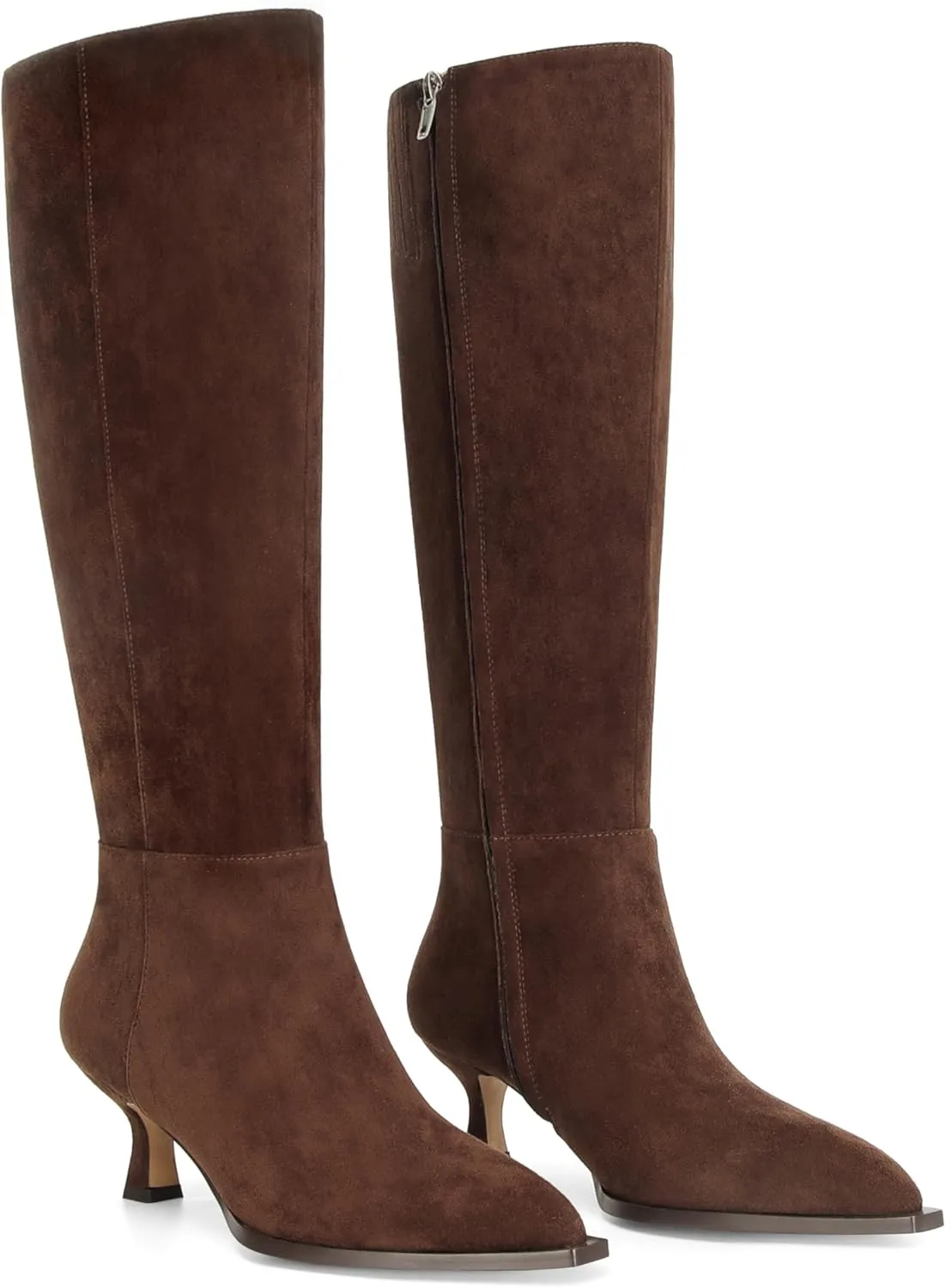 DOEYG Women Suede Knee High Boots Wide Calf Kitten Heel Boots Pointed Toe Stiletto High Heel Tall Boots Fashion Fall Long Boots with Side Zipper