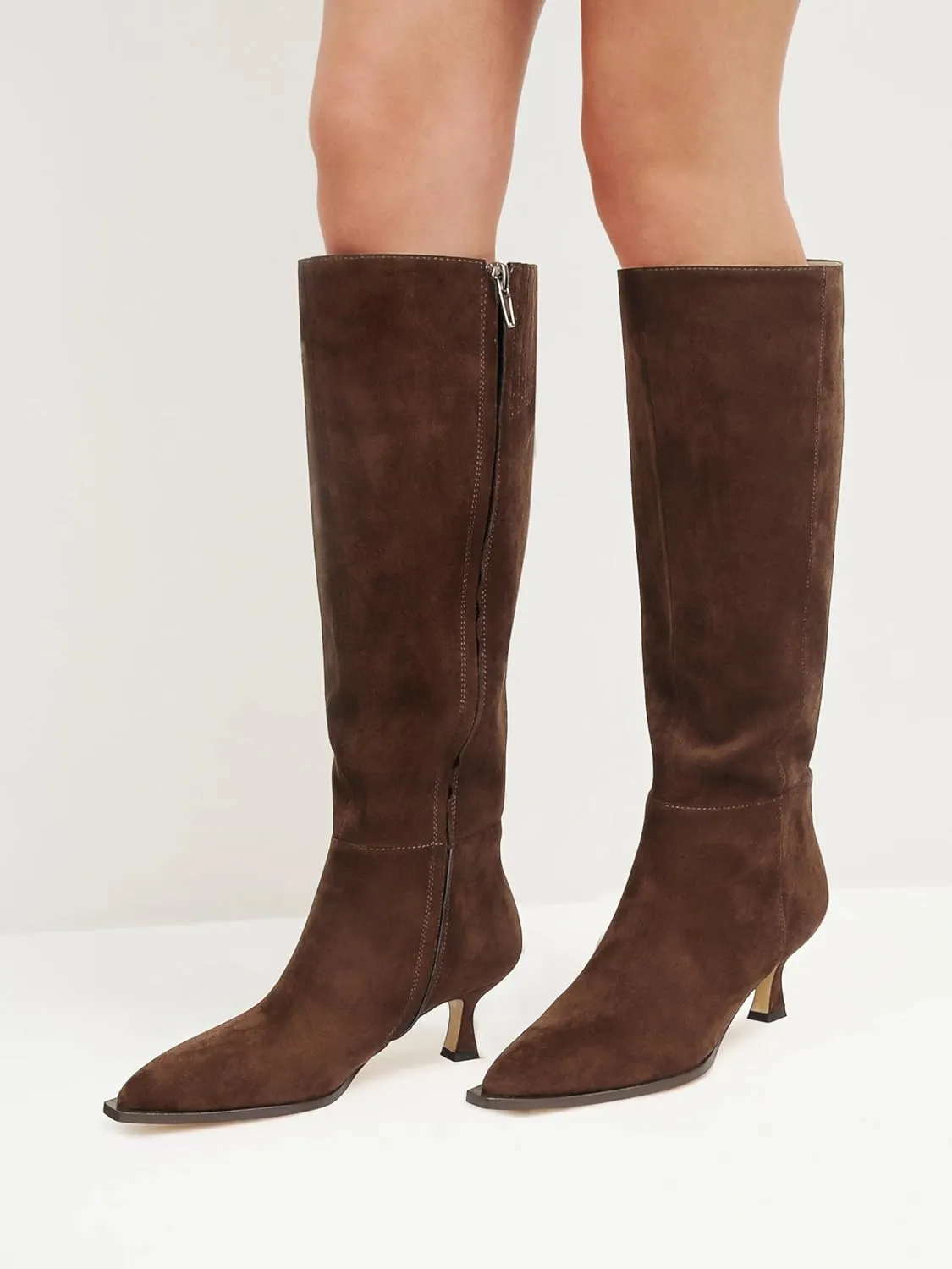 DOEYG Women Suede Knee High Boots Wide Calf Kitten Heel Boots Pointed Toe Stiletto High Heel Tall Boots Fashion Fall Long Boots with Side Zipper