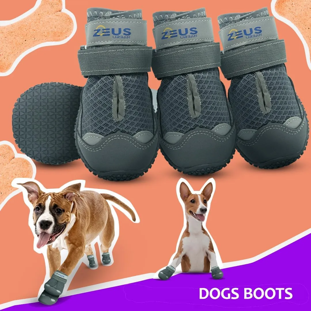 Dog Boots Breathable Shoes for Medium Dogs, Anti-Slip Sole Dog Booties Waterproof Booties Paw Protector for Hiking Hot Pavement Winter Snow 4 Packs (Army Grey, Size 7)