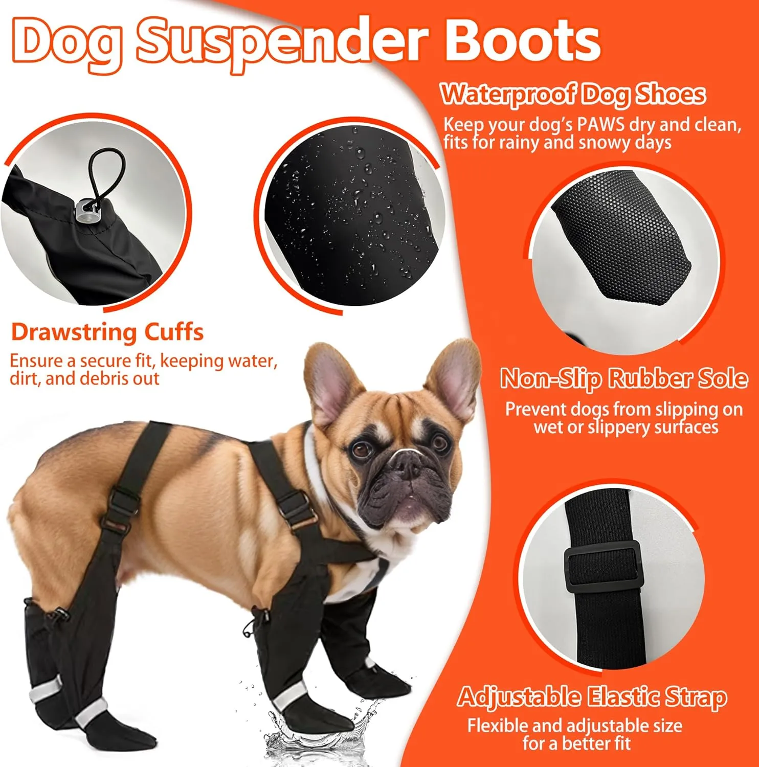 Dog Suspender Boots, Large Dog Rain Boots, Waterproof Doggy Winter Boot Snow Pants, Paw Protectors Legging Shoes with Suspenders, Anti-Slip Reflective Rain Boot for Walk Hike Outdoor Snowy (Black,L)