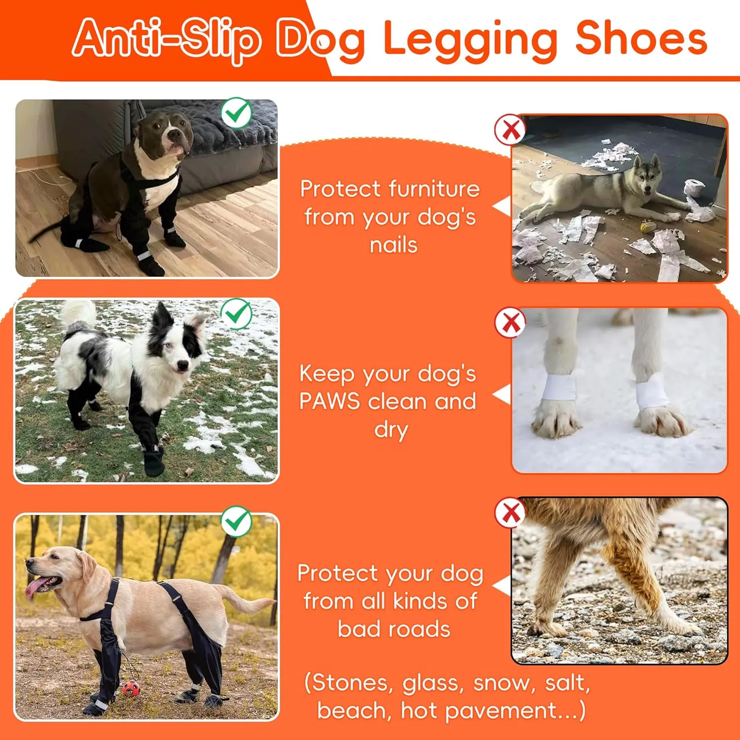 Dog Suspender Boots, Large Dog Rain Boots, Waterproof Doggy Winter Boot Snow Pants, Paw Protectors Legging Shoes with Suspenders, Anti-Slip Reflective Rain Boot for Walk Hike Outdoor Snowy (Black,L)