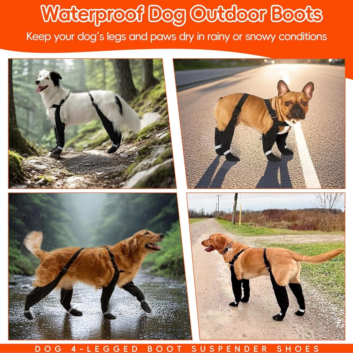 Dog Suspender Boots, Large Dog Rain Boots, Waterproof Doggy Winter Boot Snow Pants, Paw Protectors Legging Shoes with Suspenders, Anti-Slip Reflective Rain Boot for Walk Hike Outdoor Snowy (Black,L)