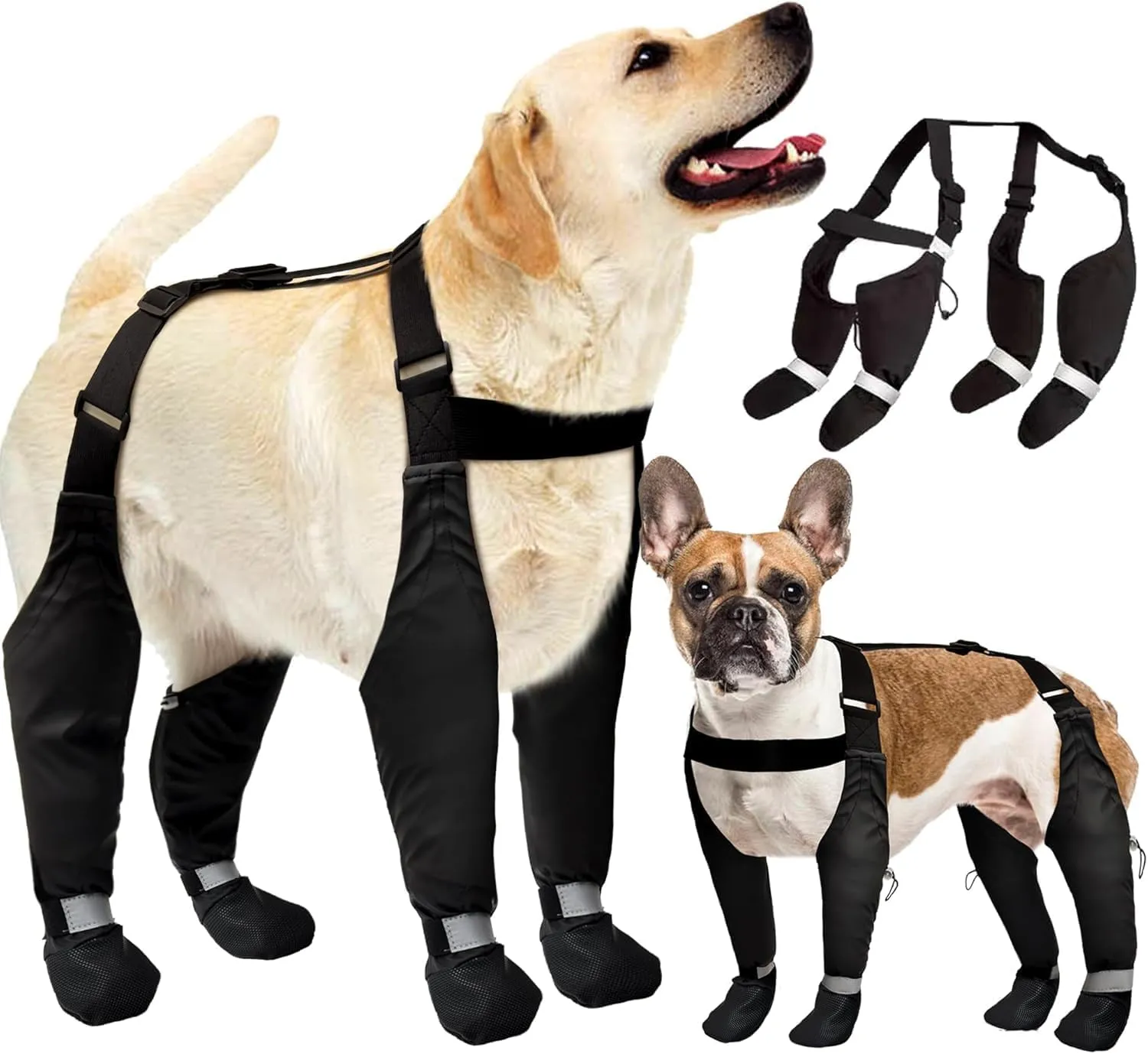 Dog Suspender Boots, Large Dog Rain Boots, Waterproof Doggy Winter Boot Snow Pants, Paw Protectors Legging Shoes with Suspenders, Anti-Slip Reflective Rain Boot for Walk Hike Outdoor Snowy (Black,L)