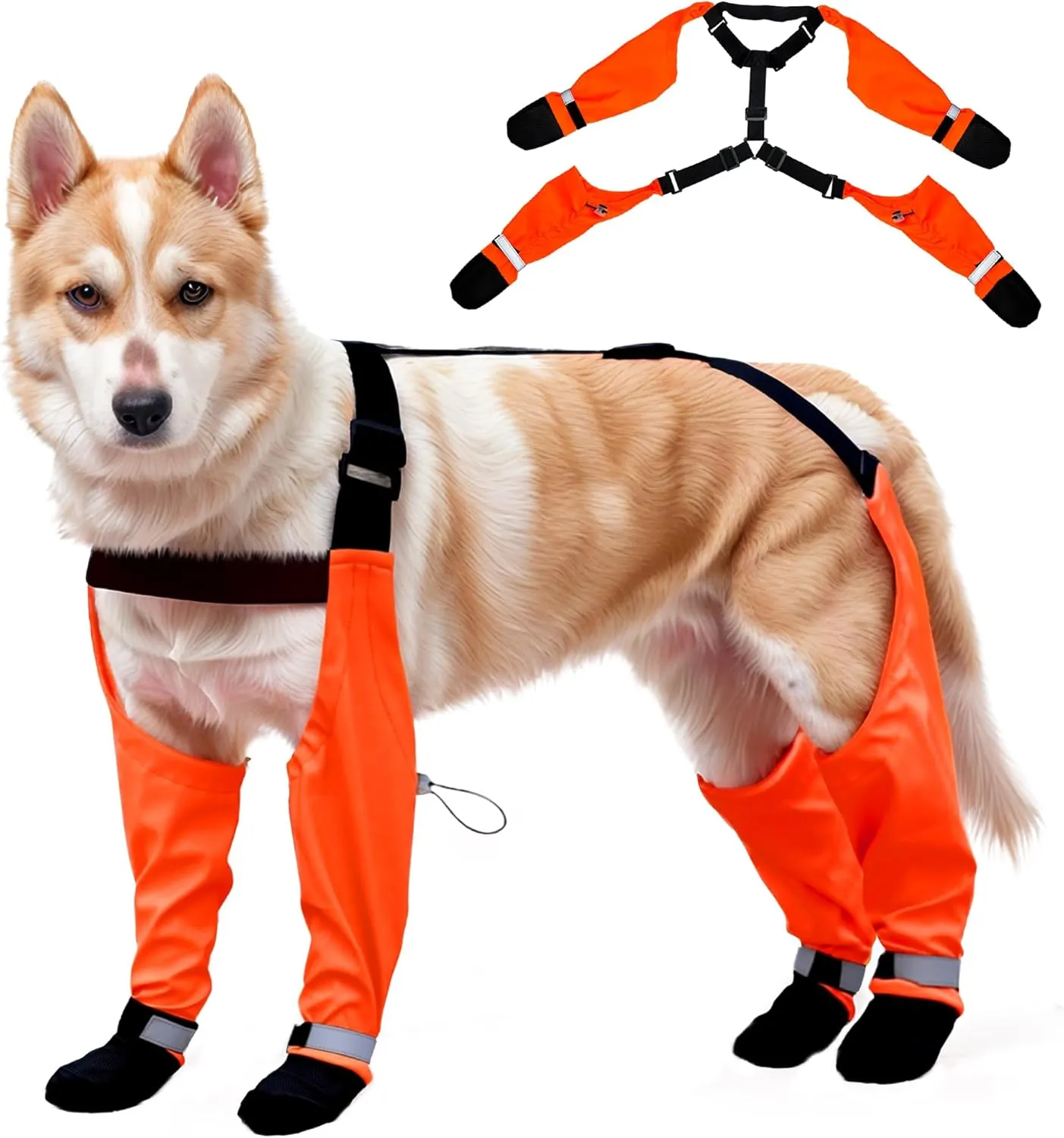 Dog Suspender Boots, Waterproof Tall Dog Rain Boots, Dirty-Proof Pet Leggings Boot Paw Protector 4-Legged Shoes, Adjustable Winter Snow Pants with Boot for Medium Large Dogs Outdoor Walking Hiking