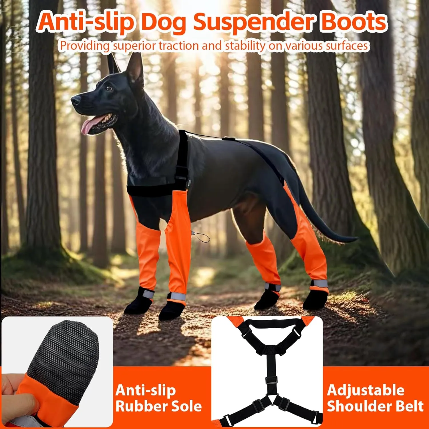 Dog Suspender Boots, Waterproof Tall Dog Rain Boots, Dirty-Proof Pet Leggings Boot Paw Protector 4-Legged Shoes, Adjustable Winter Snow Pants with Boot for Medium Large Dogs Outdoor Walking Hiking