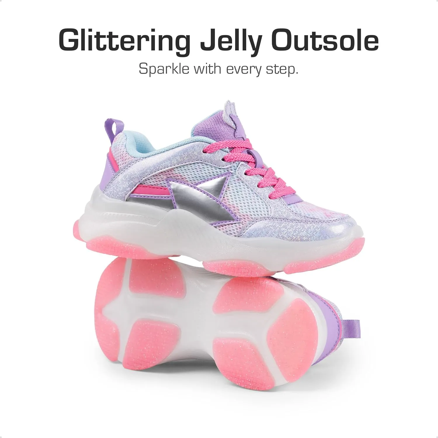 DREAM PAIRS Girls Sneakers Lace up Lightweight Sparkle StarGlow Breathable Jelly Sole Kids Walking Shoes Casual Sports