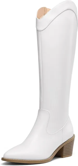 DREAM PAIRS Womens Cowboy Boots, Western Cowgirl Pull On Zipper Chunky Heel Pointed Toe Knee High Boots