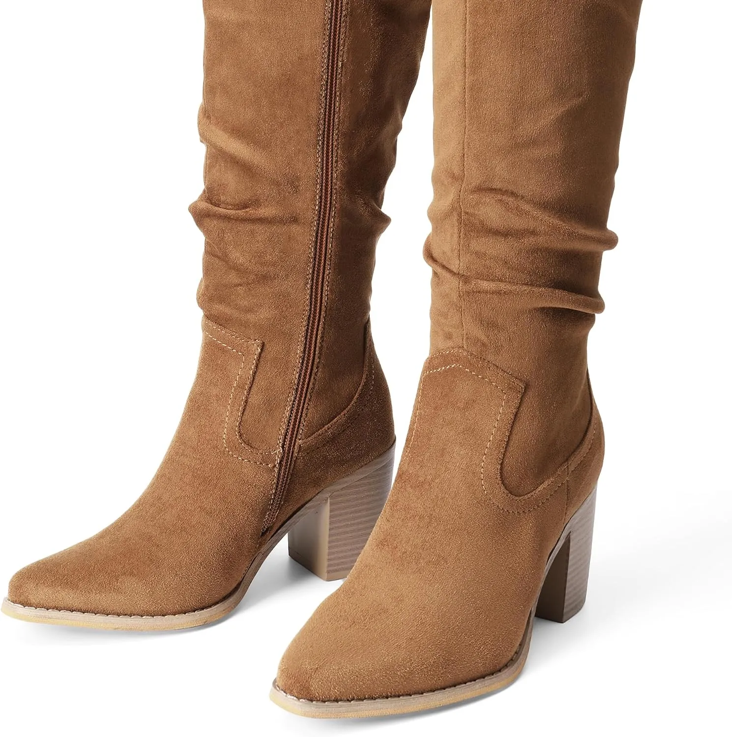 DREAM PAIRS Women's Knee-High Boots, Comfortable Chunky Block Heel Pointed Toe Pull On Side Zipper Suede Slouch Riding Boots