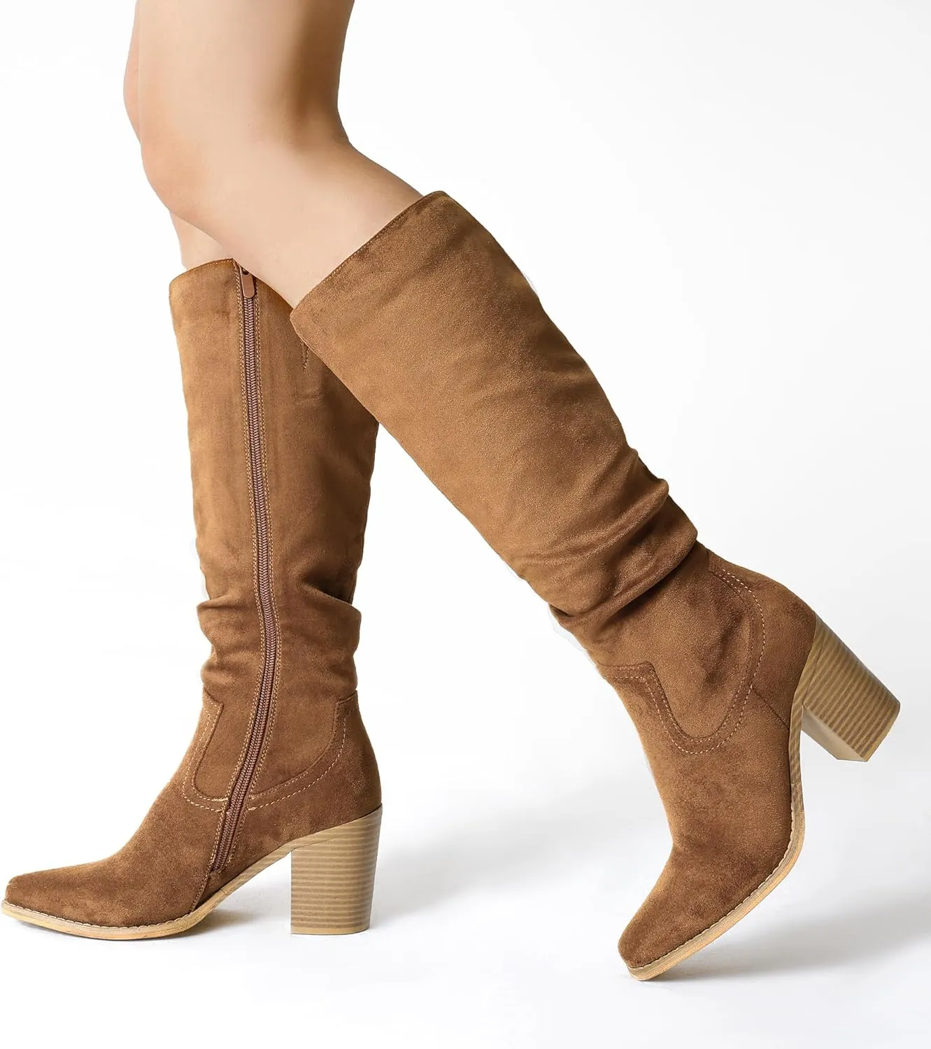 DREAM PAIRS Women's Knee-High Boots, Comfortable Chunky Block Heel Pointed Toe Pull On Side Zipper Suede Slouch Riding Boots