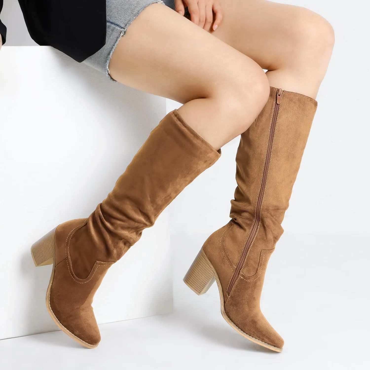 DREAM PAIRS Women's Knee-High Boots, Comfortable Chunky Block Heel Pointed Toe Pull On Side Zipper Suede Slouch Riding Boots