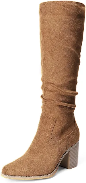 DREAM PAIRS Women's Knee-High Boots, Comfortable Chunky Block Heel Pointed Toe Pull On Side Zipper Suede Slouch Riding Boots