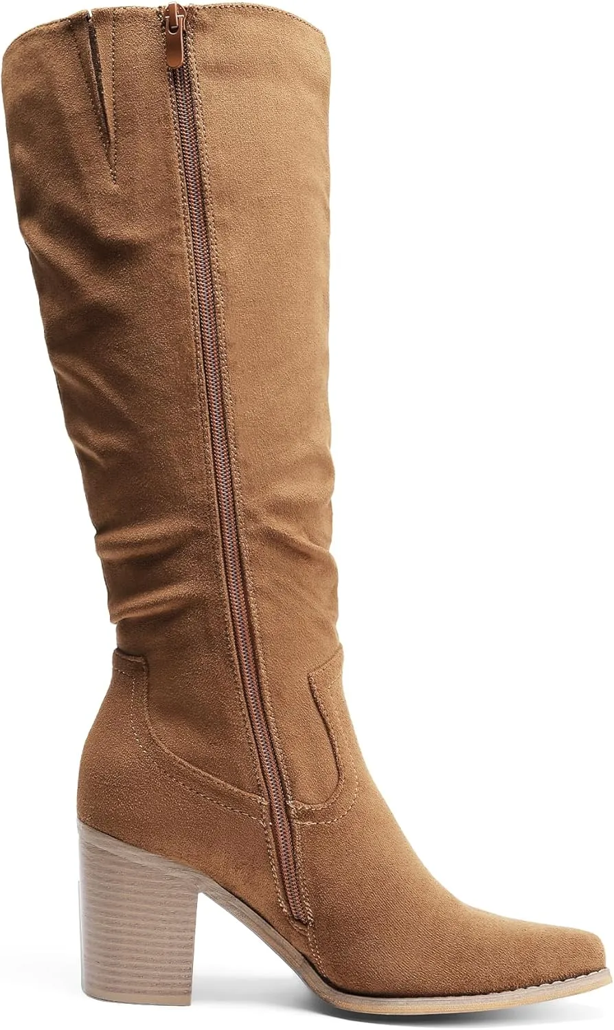 DREAM PAIRS Women's Knee-High Boots, Comfortable Chunky Block Heel Pointed Toe Pull On Side Zipper Suede Slouch Riding Boots