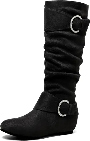 DREAM PAIRS Women's Knee High Low Hidden Wedge Boots Suede Faux Fur Lining Side Zipper Knee High Boots