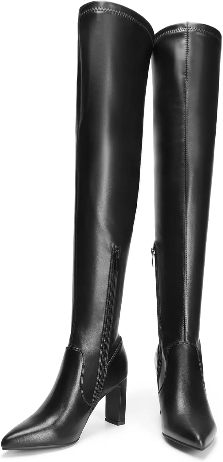 DREAM PAIRS Women's Over The Knee Stretch Thigh High Boots Chunky High Heels Pointed Toe Long Fall Boots