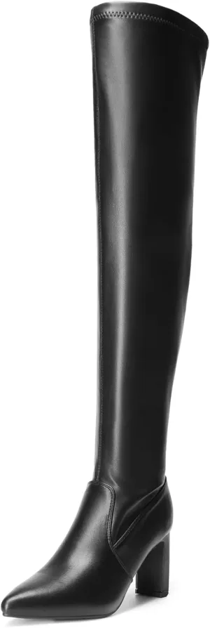 DREAM PAIRS Women's Over The Knee Stretch Thigh High Boots Chunky High Heels Pointed Toe Long Fall Boots