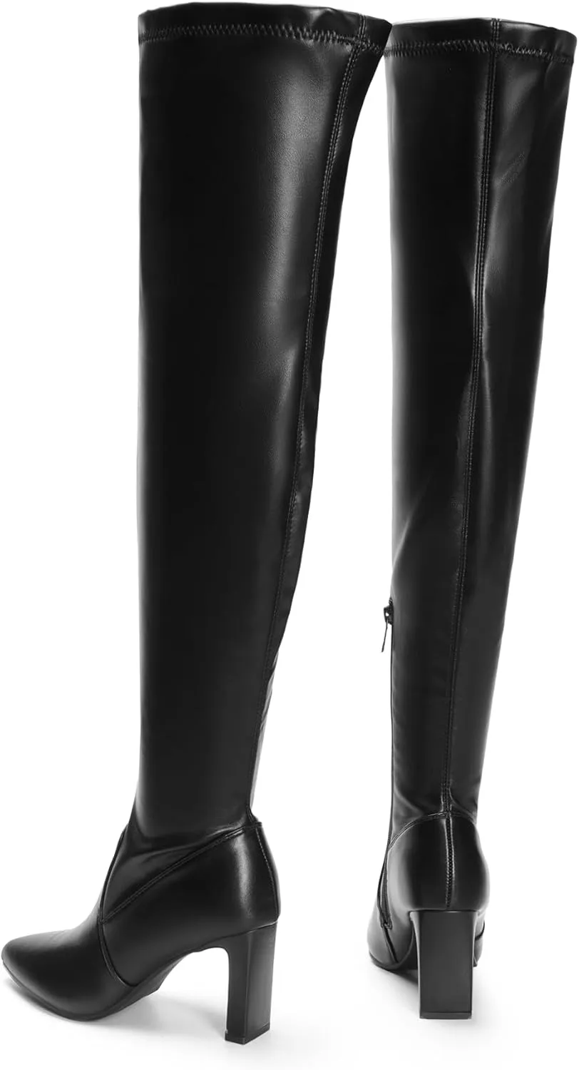 DREAM PAIRS Women's Over The Knee Stretch Thigh High Boots Chunky High Heels Pointed Toe Long Fall Boots
