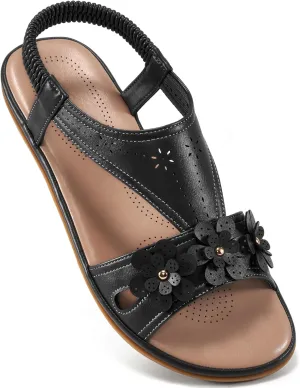 Ecetana Womens Sandals Dressy Summer Beach Casual Elastic Strap Slip on Flat Shoes with Memory Foam