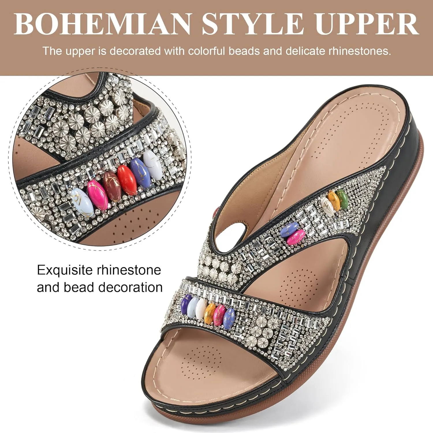 Ecetana Womens Sandals Wedge Slides Dressy Summer Rhinestone Beaded Bohemian Platform Comfortable Casual Shoes