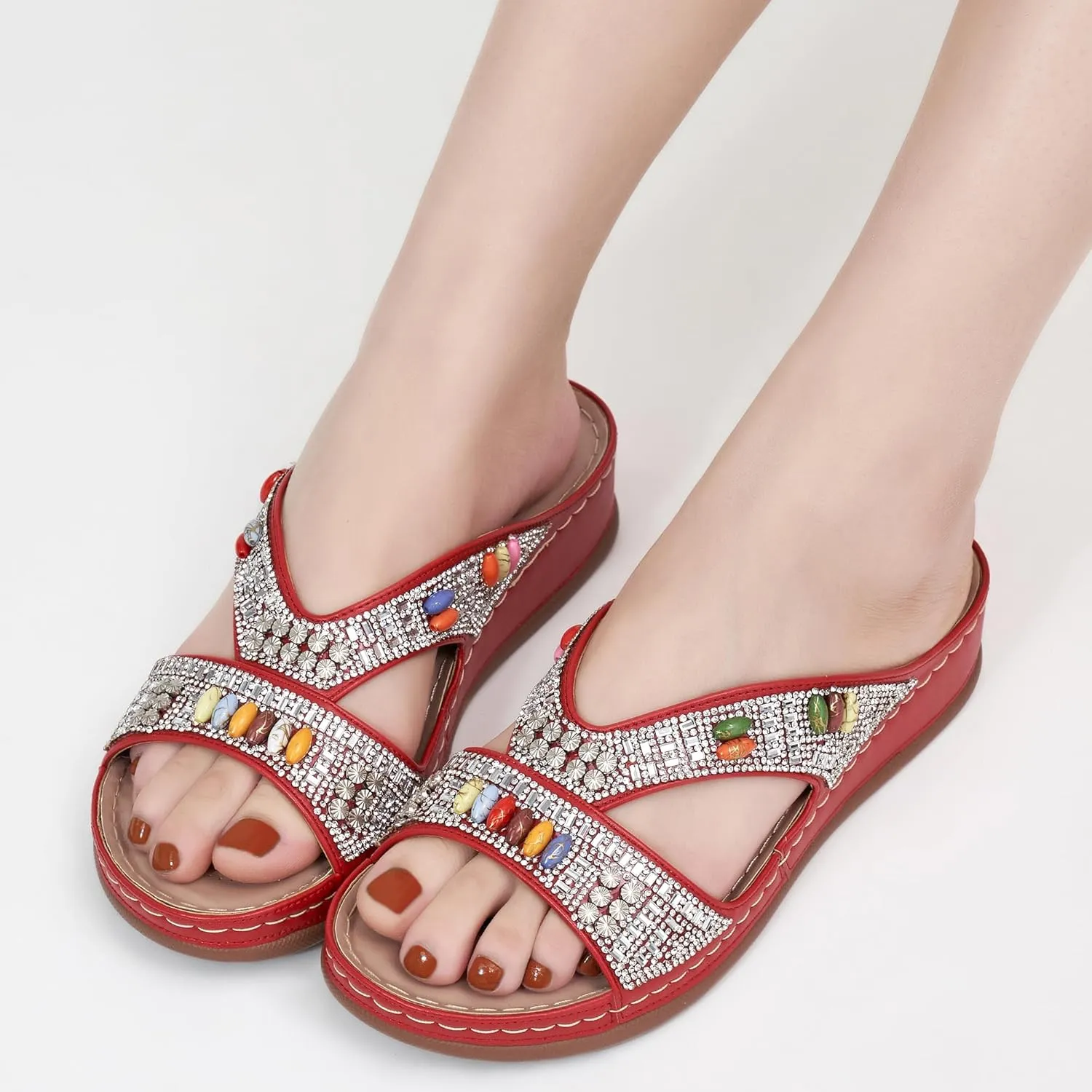 Ecetana Womens Sandals Wedge Slides Dressy Summer Rhinestone Beaded Bohemian Platform Comfortable Casual Shoes