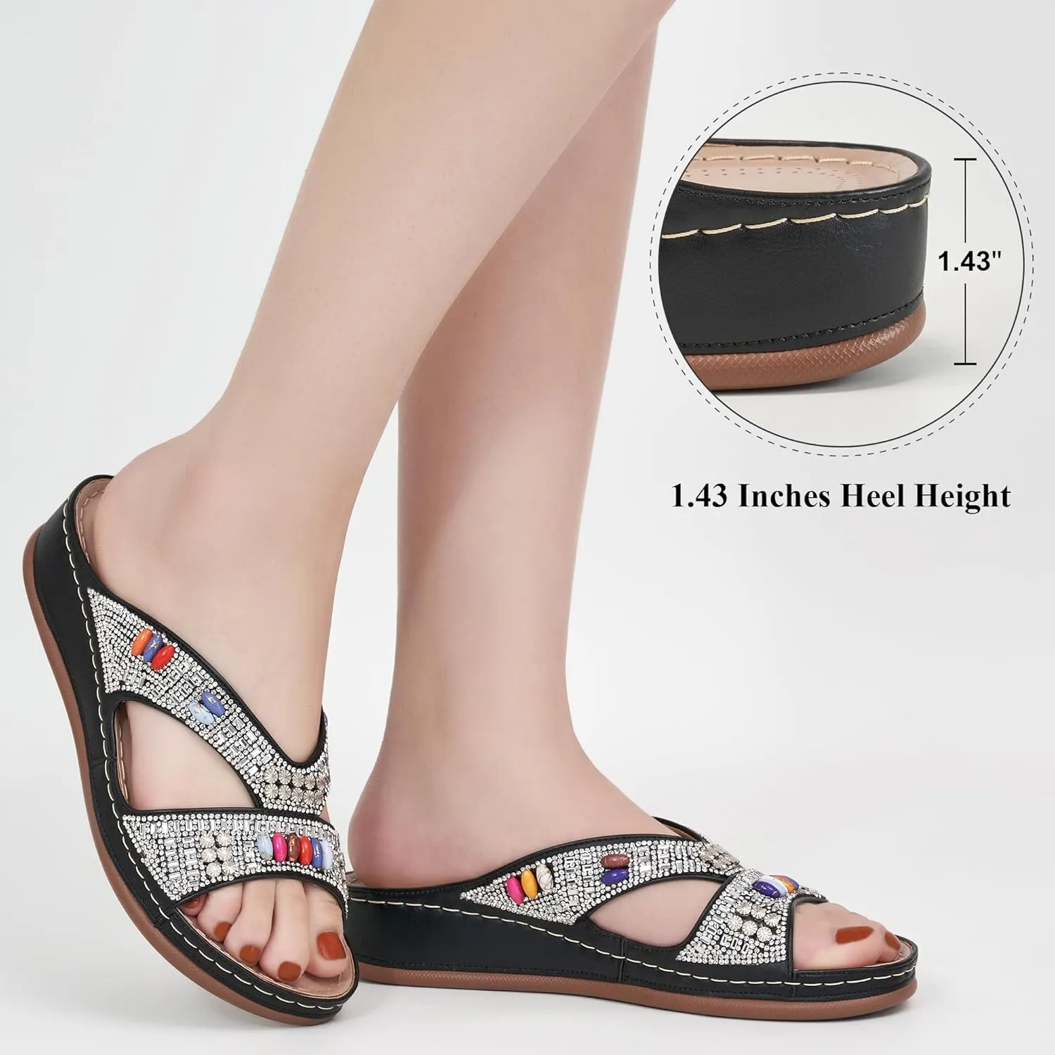 Ecetana Womens Sandals Wedge Slides Dressy Summer Rhinestone Beaded Bohemian Platform Comfortable Casual Shoes