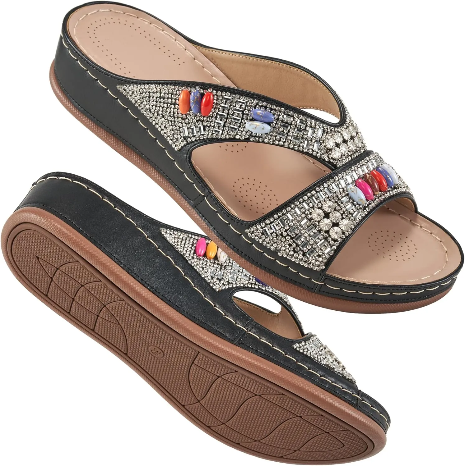 Ecetana Womens Sandals Wedge Slides Dressy Summer Rhinestone Beaded Bohemian Platform Comfortable Casual Shoes
