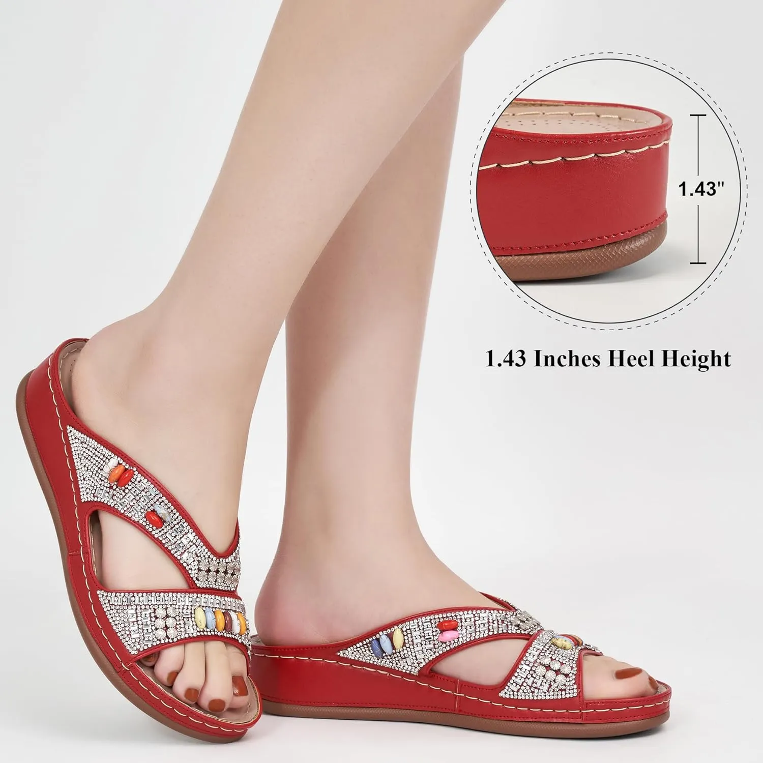 Ecetana Womens Sandals Wedge Slides Dressy Summer Rhinestone Beaded Bohemian Platform Comfortable Casual Shoes