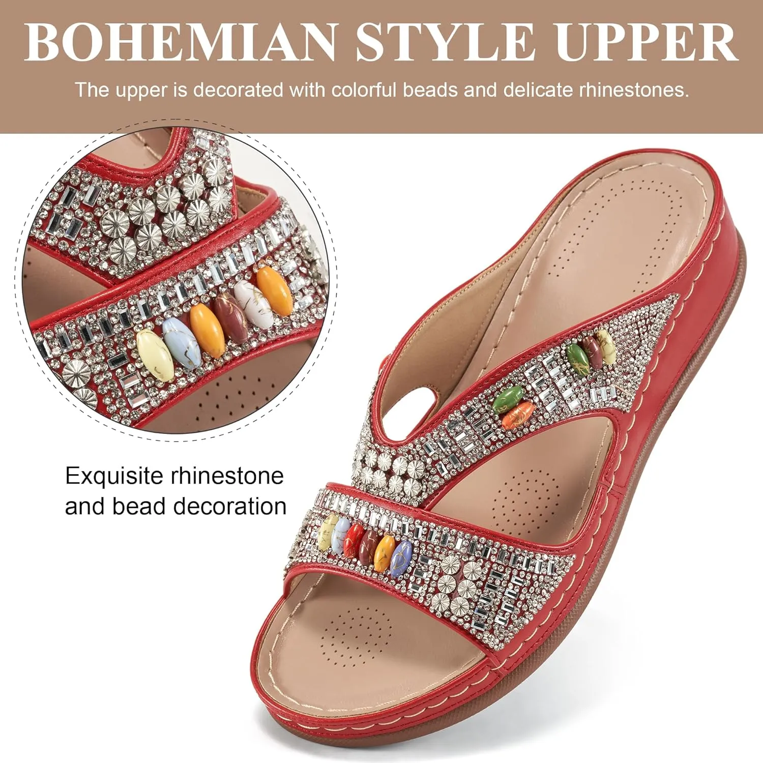 Ecetana Womens Sandals Wedge Slides Dressy Summer Rhinestone Beaded Bohemian Platform Comfortable Casual Shoes